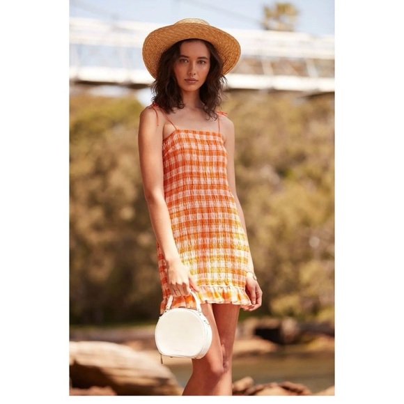 The East Order Dana Mini Dress sz: S Orange White Plaid Ruffle Hem Sleeveless - Picture 1 of 5
